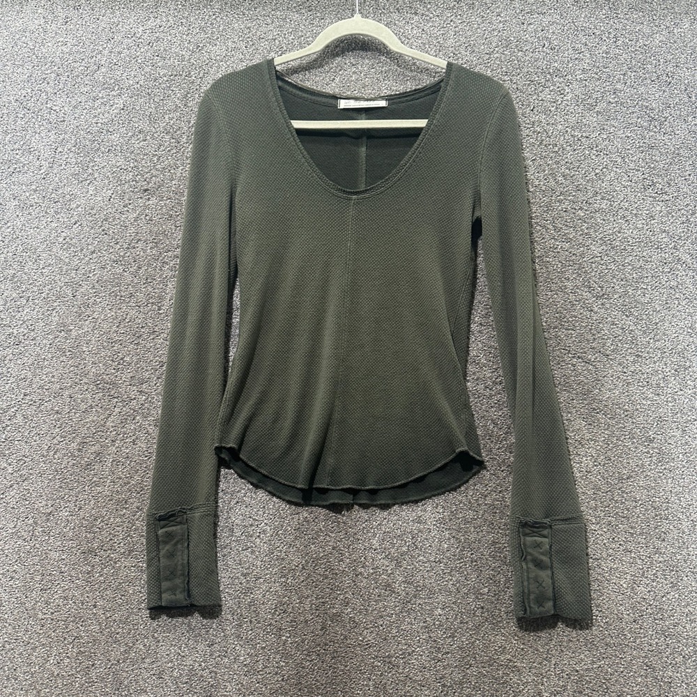 Free People We The Free Olive Green Waffle Knit Thermal Scoop Neck Top Medium